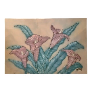 1980s Floral Pink Calla Lillies Wall Painting For Sale