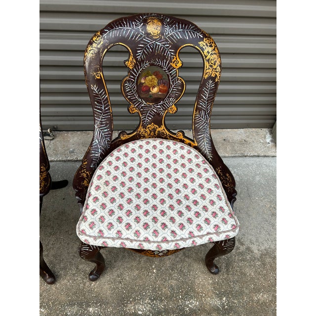 Pair of Mid Victorian Mother of Pearl Inlaid Papier Mâché Gilt Decor Set of Chairs For Sale - Image 10 of 12