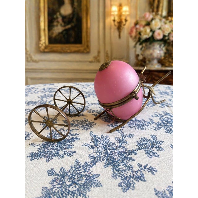 Antique French Pink Opaline Egg Casket in Ornate Brass Carriage For Sale - Image 4 of 4