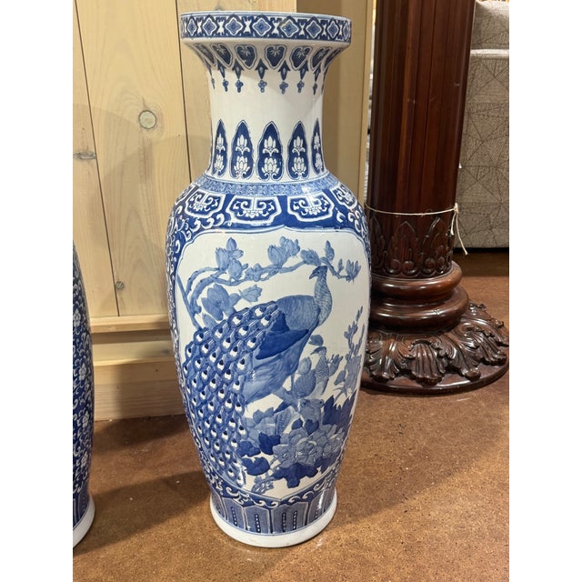 Pair of Vintage Blue & White Ceramic Vases For Sale - Image 4 of 7
