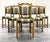 A set of 6 Danish mid-century modern dining chairs in carved/figured oak with striped upholstery and brass tacking...