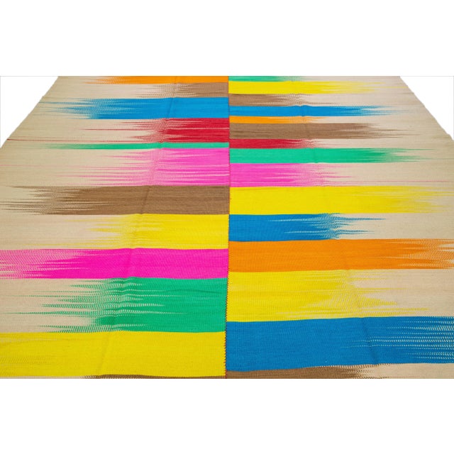 Abstract Modern Flatweave Kilim Multicolor Abstract Designed Handmade Wool Rug For Sale - Image 3 of 11