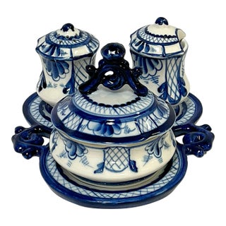 Vintage Russian Blue and White Porcelain Condiment Set For Sale