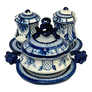 Vintage Russian Blue and White Porcelain Condiment Set