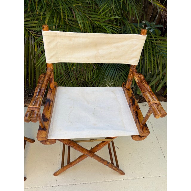 Hollywood Regency 1950s Tortoise/Burnt Bamboo Director's Chairs For Sale - Image 3 of 10