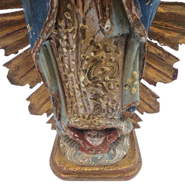 Mid-Century Mexican Our Lady of Guadalupe Carved Wood Devotional With Gilt Sunburst, 9" For Sale - Image 10 of 10