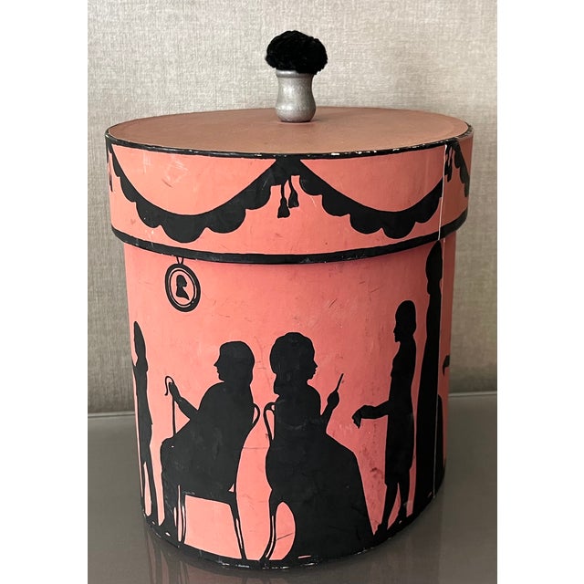 Vintage Oval Wallpaper Box by Atelier of Hudson, New York With Black Regency Silhouettes on a Pink Ground For Sale - Image 4 of 18