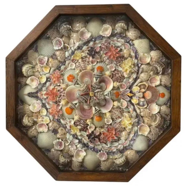 Sailor's Valentine Shellwork Hexagonal Shadow Box. This intricate shellwork composition is hand-crafted and presented in a...