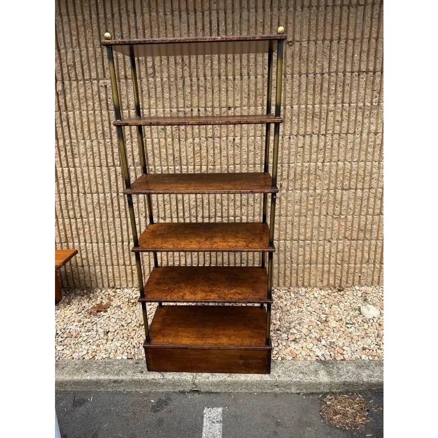 Vintage Hollywood Regency Style Brass Frame Burled Wooden Shelves