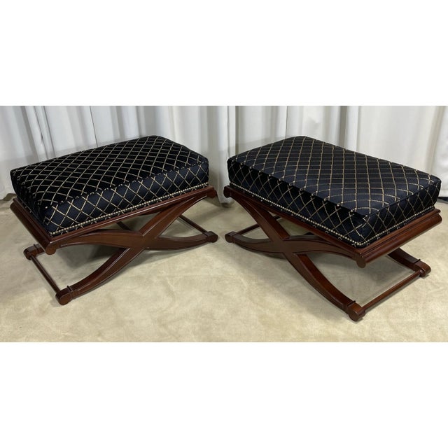 Pair of Ottomans by Sam Moore Furniture (Hooker Furniture Co) Black & Gold Fabric With Mahogany X Form Legs For Sale In Philadelphia - Image 6 of 13