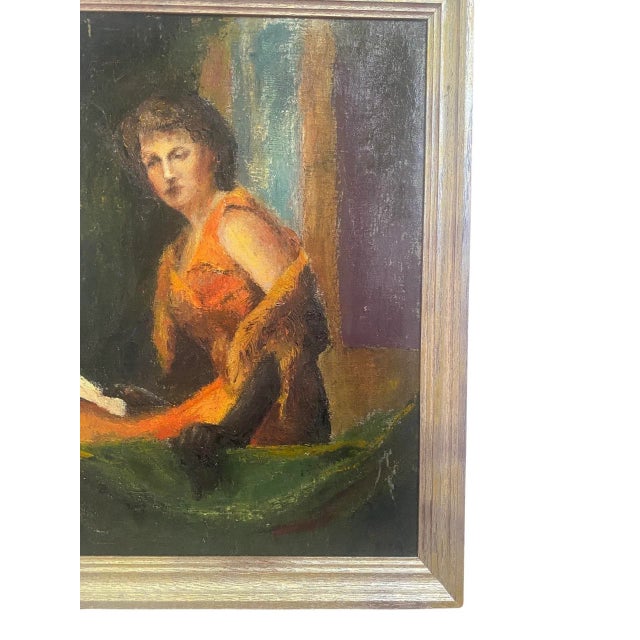 Antique Oil on Canvas Portrait Painting of a Woman Reading a Book, Circa 1920, signed Fish. In tones of burnt umber,...