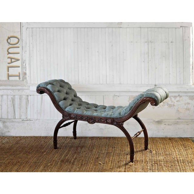 Wood French Bench Antique Hand Carved Detail With Tufted Upholstery For Sale - Image 7 of 8