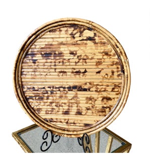 Stylish Mid 20th-Century Split Tortoiseshell Bamboo & Herringbone Rattan Circular Tray For Sale