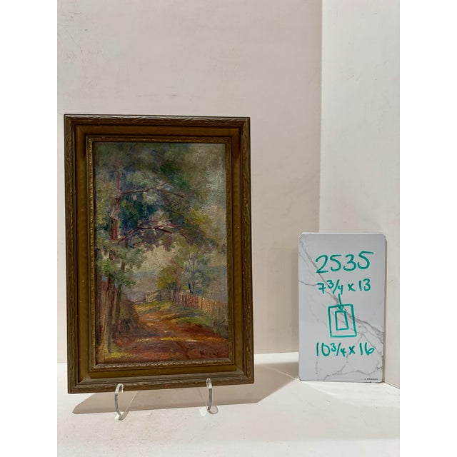 Wood Antique Oil on Board Landscape Painting Wooded Path Rustic Fence Signed Period Gilt Frame For Sale - Image 7 of 7
