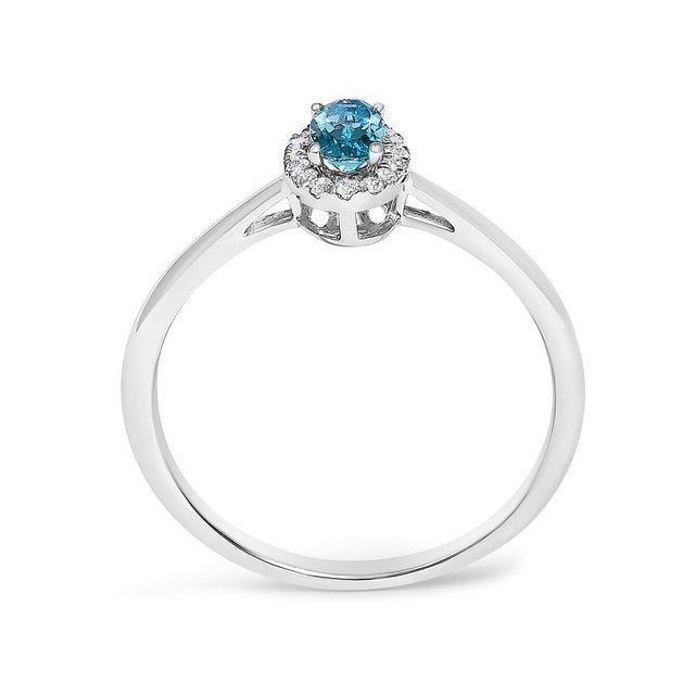 10K White Gold 5X3MM Oval Blue Topaz and Diamond Accent Halo Ring (I-J Color, I1-I2 Clarity) - Ring Size 7.5 For Sale In New York - Image 6 of 7