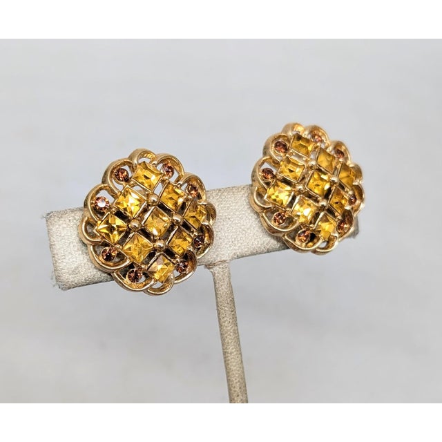 Trifari Vintage 1960s Signed Crown Trifari Faux-Citrine & Topaz Clip Earrings-2 Pieces For Sale - Image 4 of 7