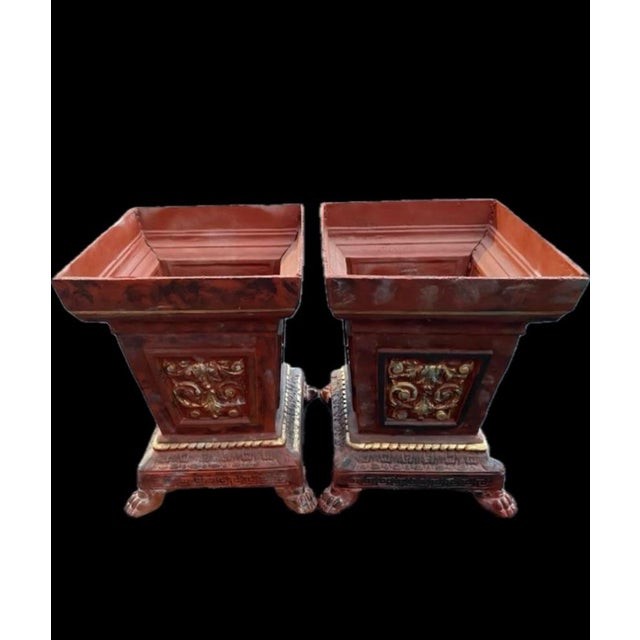 Hollywood Regency Monumental Antique French Cast Iron Garden Planters Painted With Claw Feet - A Pair For Sale - Image 4 of 12