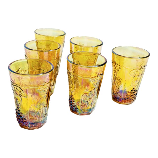 Vintage Mid Century Indiana Glass Harvest Grape Iridescent Marigold Carnival Juice Tumbler Barware Glasses – Set of 6 For Sale