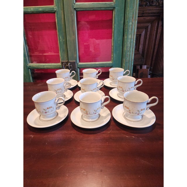 Classic vintage English Denby tea cups and saucers in the Avignon pattern. 9 cups and 9 saucers.