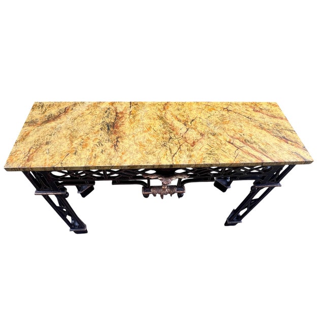 1990s Chinese Chippendale Chinoserie Faux Marble Top Console / Sofa Tables a Pair For Sale - Image 17 of 18