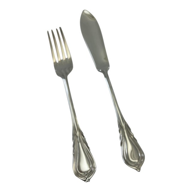 1980s Silver Pair Fish Eaters, Fish Fork & Fish Knife, Lily. For Sale