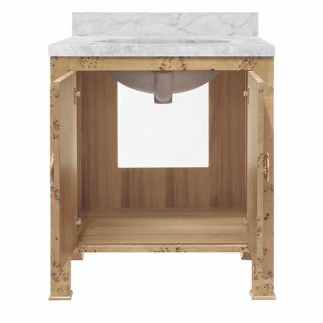 Worlds Away Matthew Izzo Home Blanche Light Burlwood Single White Porcelain Sink Bath Vanity With Carrara Marble Top and Backsplash and Brass Hardware For Sale - Image 4 of 7