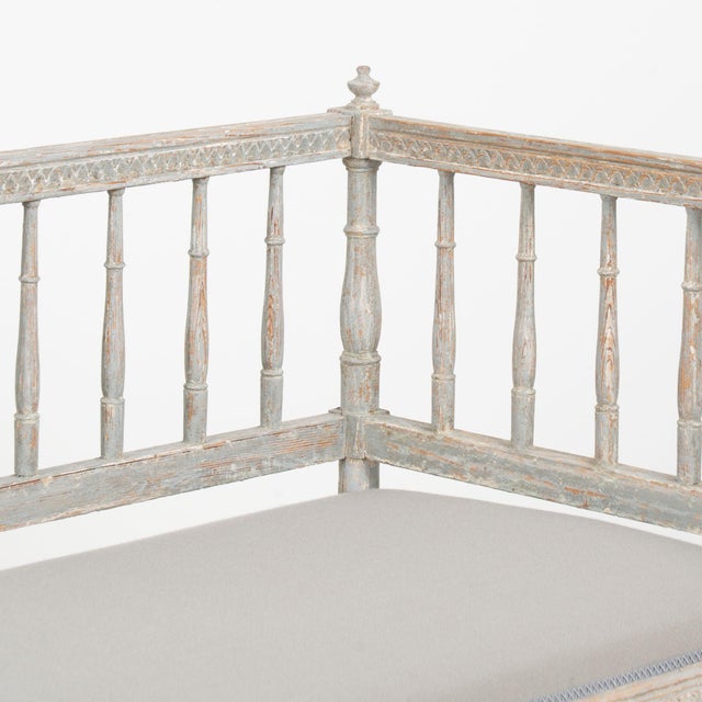 19th Century Swedish Gustavian Original Blue Gray Painted Pine Bench For Sale - Image 16 of 18