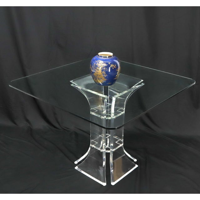 Karl Springer Set of 4 Lucite Dining Chairs Square Dining Table on Single Pedestal Base For Sale - Image 4 of 18