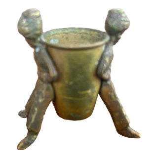 1960s Folk Art Brass Toothpick/Match Holder Thimble Basket Held by 2 Turkish Workmen For Sale