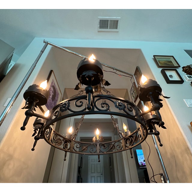 1960s Large Spanish Revival Metal Forged Black Chandelier For Sale - Image 10 of 17