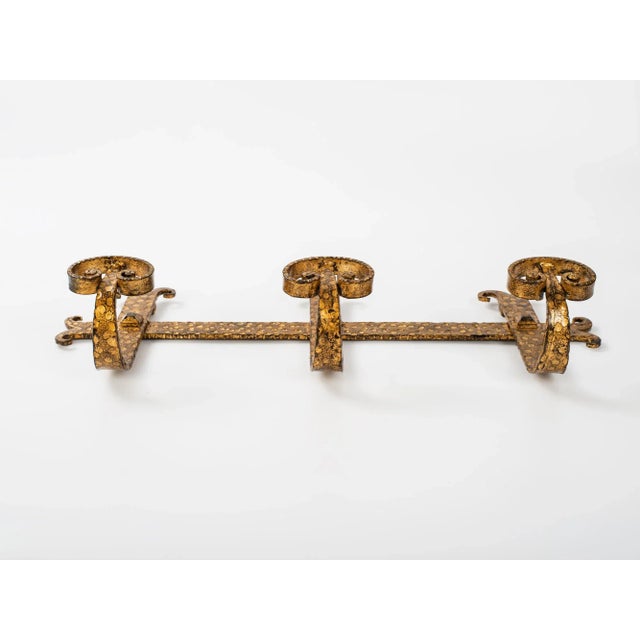 1960s Spanish Brutalist Ferro Art Gilt Wrought Iron Wall-Mounted Coat Rack For Sale - Image 4 of 9