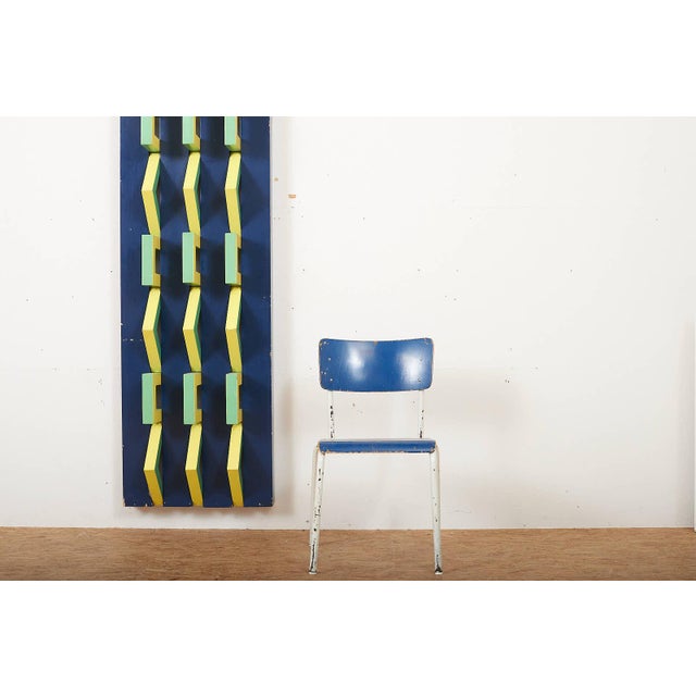 Wooden Wall Relief with Beams Painted Blue & Geometric Central Parts Painted Green/Yellow, 1950s For Sale - Image 9 of 14