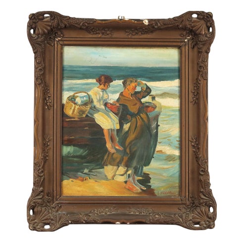 Waiting Scene on the Seaside, Oil Painting, Framed For Sale