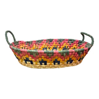 Vintage Handwoven Folk Art Basket With Colorful Geometric Pattern & Side Handles For Sale