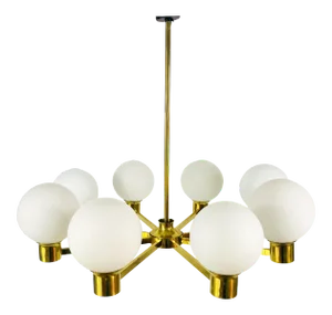 1960s Mid-Century 8-Arm Brass and Opaline Glass Chandelier