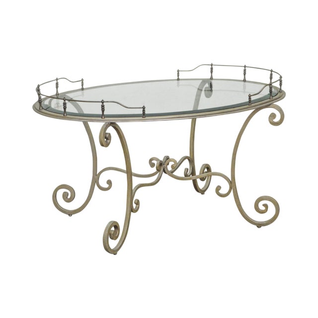 Tuscan Style Silver Wrought Iron Oval Glass Top & Brass Coffee Table