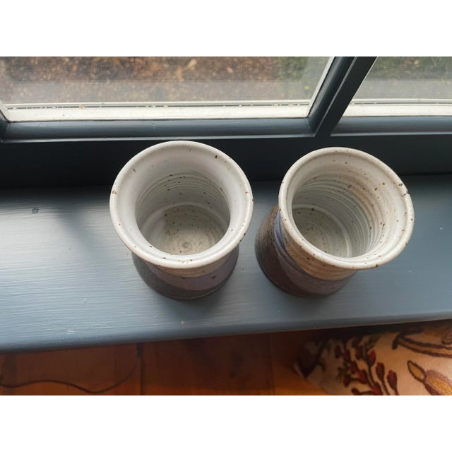 American Vintage Hand-Made Hand-Painted Blue Maine Pottery Vessels - a Pair For Sale - Image 3 of 11