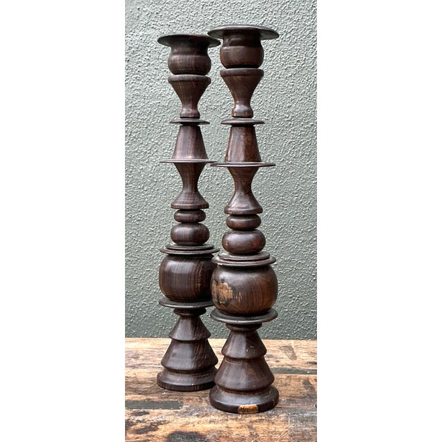 Vintage Turned Wood Candlesticks - A Pair For Sale - Image 10 of 12