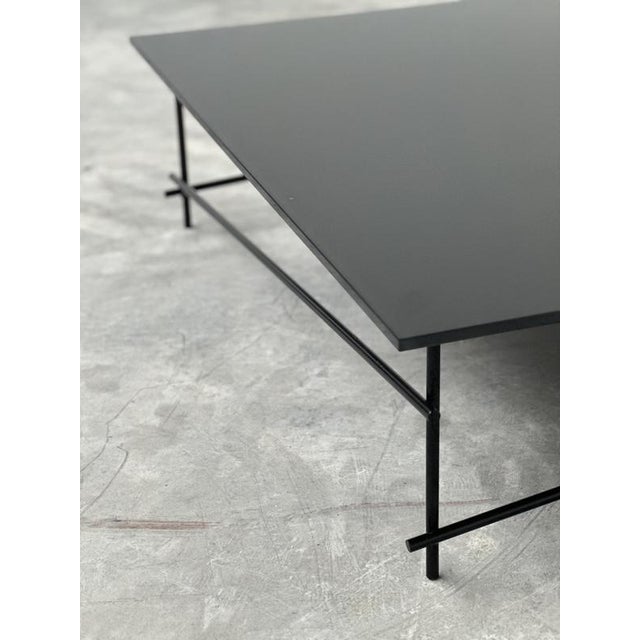 Contemporary Minimalist Black Glass Coffee Table with Industrial Metal Base For Sale - Image 3 of 11