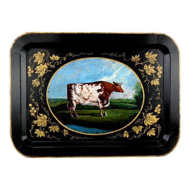 20th Century Hand-Painted English Countryside Art Decorative Metal Tray For Sale