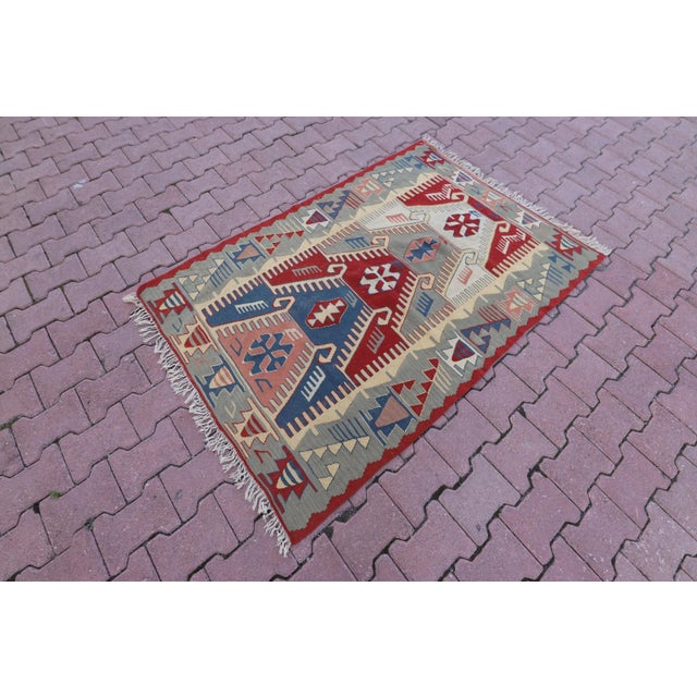 Mid-Century Modern 1990s Scandinavian Red Geometric Kelim Rug For Sale - Image 3 of 13