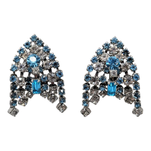 Vintage 1960s Signed Kramer Faux-Aquamarine & Clear Rhinestone Clip Earrings-2 Pieces