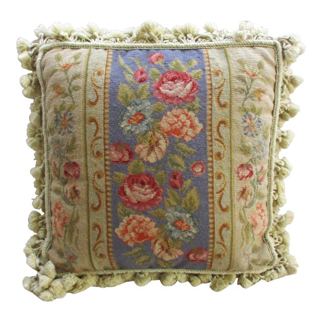 Vintage French Blue and Pink Floral Petit Point & Needlepoint Accent Pillow For Sale
