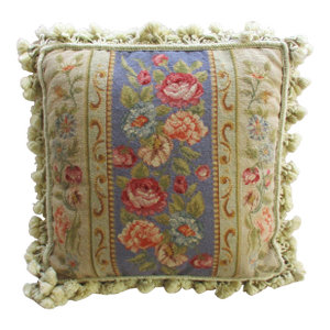 Vintage French Blue and Pink Floral Petit Point & Needlepoint Accent Pillow