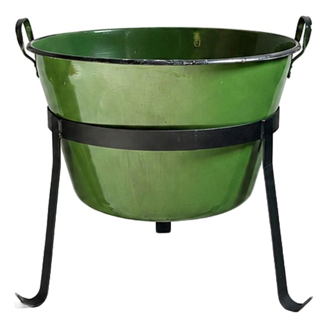 Vintage Hungarian Green Enamel Tub W/Iron Stand For Sale