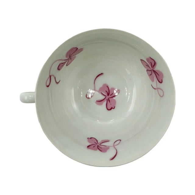 White Vintage D. Porthault Limoges Porcelain Pink Tréfles Clover Tea Cup & Saucer Set For Sale - Image 8 of 12