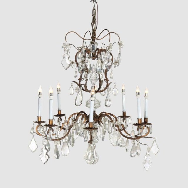 Large Antique French Louis XIV Style Brass & Crystal 8 Light Chandelier C1930 For Sale - Image 12 of 14