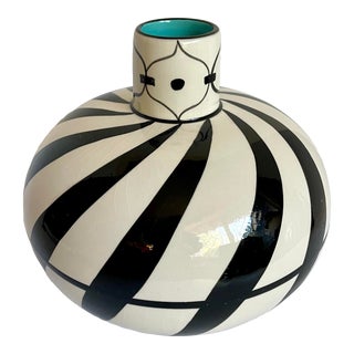 1980's Vohann of California Hand-Painted Black and White Ceramic Vase For Sale