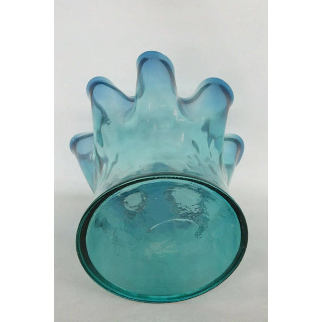 Mid Century Modern Blue Art Glass Ruffled Rim Handkerchief Bowl Vase For Sale - Image 9 of 11