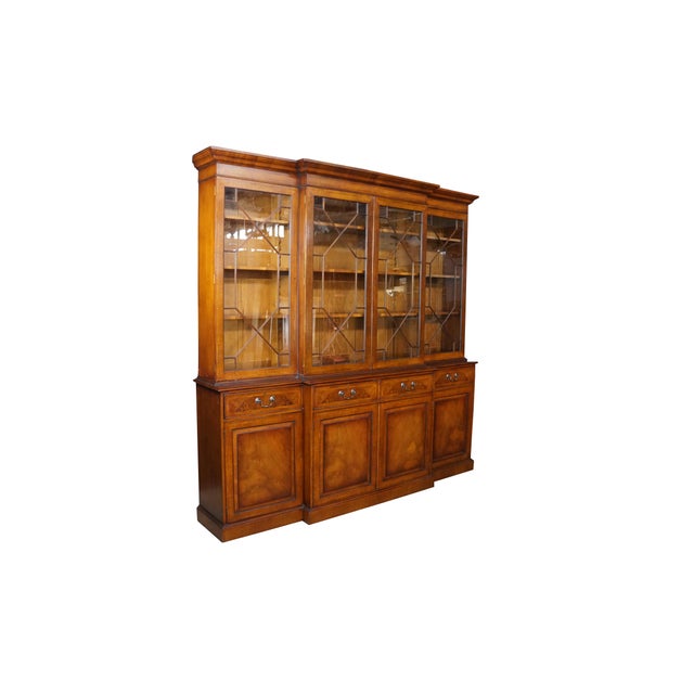 English Late 20th Century Handmade English Georgian Style Walnut Burl Breakfront Display Cabinet Bookcase For Sale - Image 3 of 18